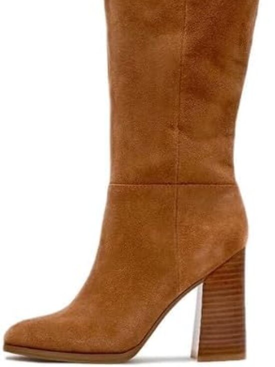Shoes - Women's Brown Comfortable Chunky High Heel Round Toe Side Zipper Knee High Boots